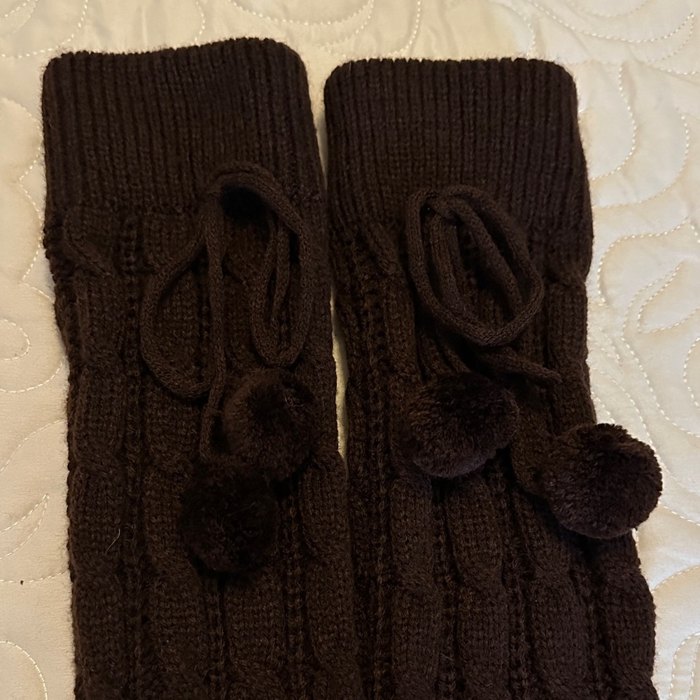 Chic Dark Brown Knit Leg Warmers with Pom Poms